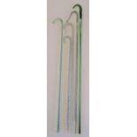 5 glass canes - plain green glass shepherd's crook containing red spiralling - clear glass incised