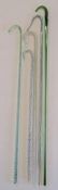 5 glass canes - plain green glass shepherd's crook containing red spiralling - clear glass incised