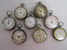 8 silver fob watches including one engraved inside FP Cooper, J Myers & co, FG Graves etc