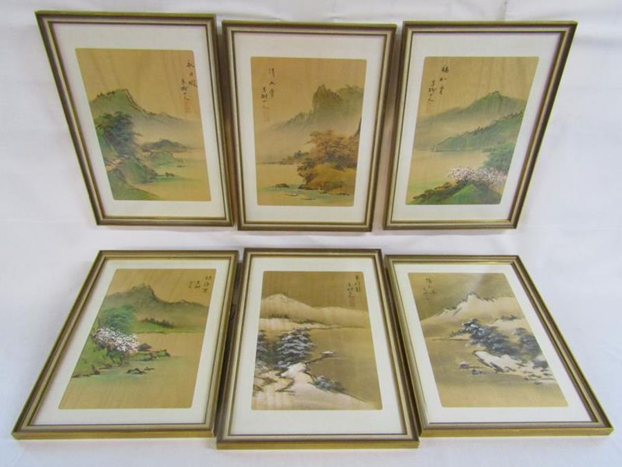 6 Chinese oriental pictures depicting waters edge scenes approx. 41.5cm x 29.5cm (includes frames)