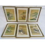 6 Chinese oriental pictures depicting waters edge scenes approx. 41.5cm x 29.5cm (includes frames)