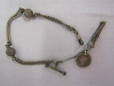 Victorian white metal watch chain with 5 silver coins