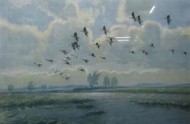 Peter Scott signed print depicting geese in flight, published by Arthur Ackermann & Son Sept 1st