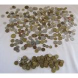 Mixed collection of coins and tokens including three pence pieces, Irish, Spanish, French etc