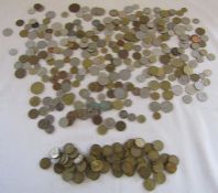Mixed collection of coins and tokens including three pence pieces, Irish, Spanish, French etc