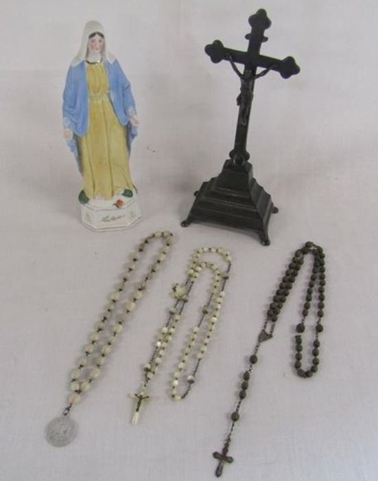 Collection of rosary beads, cast crucifix and religious figure