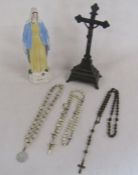 Collection of rosary beads, cast crucifix and religious figure