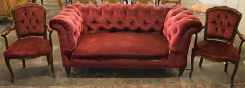 Mid 20th century drop arm Chesterfield sofa L175cm with 2 open armchairs