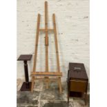 Plant stand, sewing box on legs with contents and artists easel with selection of paints, paint