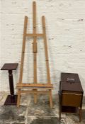 Plant stand, sewing box on legs with contents and artists easel with selection of paints, paint