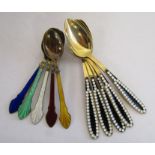 5 Soviet silver gilded spoons with black and white enamelling and 5 Denmark sterling silver spoons