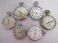 6 white metal pocket watches including - Ingersoll Regent and Crown, Elgin, Waltham, Lancyl