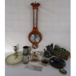 Weathermaster barometer, metal chopsticks, vintage mincer, silver plate etc