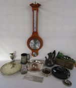 Weathermaster barometer, metal chopsticks, vintage mincer, silver plate etc
