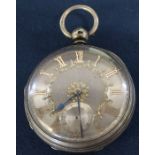 Late 19th century silver open face pocket watch with engine turned silvered dial and gold plated