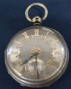 Late 19th century silver open face pocket watch with engine turned silvered dial and gold plated