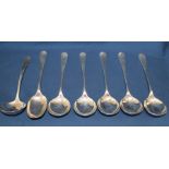 Silver rat tail cutlery:- 5 soup spoons, 1 ladle, 1 serving spoon, Elkington & Co, Birmingham