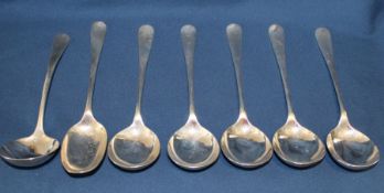 Silver rat tail cutlery:- 5 soup spoons, 1 ladle, 1 serving spoon, Elkington & Co, Birmingham