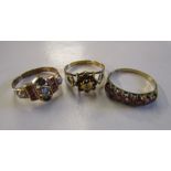 3 ladies rings - 9ct gold with faux pearl, red and green stones total weight 1.9g ring size L/M -