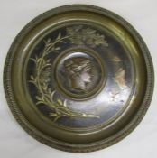 Large bronze tazza footed dish, the shallow greenish gold patternated dish centred by a medallion