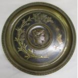 Large bronze tazza footed dish, the shallow greenish gold patternated dish centred by a medallion