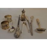 2 silver napkin rings, silver spoon, fork, glove stretchers with silver handles etc