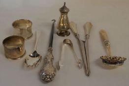 2 silver napkin rings, silver spoon, fork, glove stretchers with silver handles etc