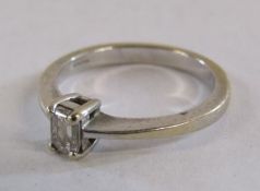 18ct white gold ring set with emerald cut diamond solitaire 0.35ct - ring size L - total weight 3.