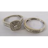 18k white gold wedding and engagement ring set - diamond halo ring marked 18k 0.75ct and diamond set