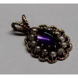 Victorian style 9ct gold amethyst and pearl pendant with rope twist edge 2.4g
