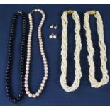 Selection of modern pearl necklaces including black and pink, 2 pairs of pearl ear studs and two