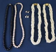 Selection of modern pearl necklaces including black and pink, 2 pairs of pearl ear studs and two