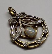 Edwardian style 9k gold pendant set with central opal and diamonds 3.4g