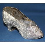 Hanau Germany silver decorative shoe with chased scenes and bow detail, 14cm wide, with English