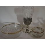 2 glass bowls with silver rims (diameters 20cm & 11cm) & a glass & silver plate vase on a chalice