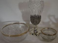 2 glass bowls with silver rims (diameters 20cm & 11cm) & a glass & silver plate vase on a chalice