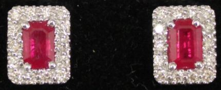 Pair of tested as 18k white gold ruby and diamond cluster earrings - earrings size approx. 9mm x 7mm
