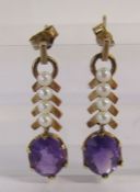 Pair of 9ct gold amethyst and pearl earrings approx. 2.8cm drop total weight 4.2g