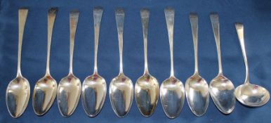 Harlequin set of 9 Georgian silver tablespoons & small ladle, most London 1801-1812, 18.65ozt