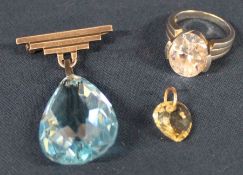 Large silver & cubic zirconia dress ring, silver brooch with suspended topaz effect pendant and