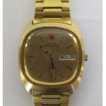 Gents Omega Geneve gold plated wristwatch, with day and date window, luminescent tipped hands within