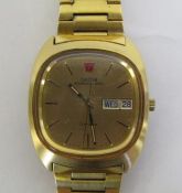 Gents Omega Geneve gold plated wristwatch, with day and date window, luminescent tipped hands within