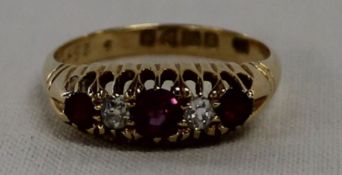 18ct gold ruby & diamond gypsy ring size P, 4.19g