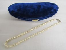 Cased pearl necklace with 18ct white gold and sapphire clasp pearl length 43cm