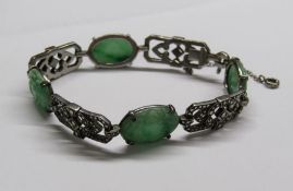 Apple green jade and marcasite bracelet (broken safety chain) length 18.5cm