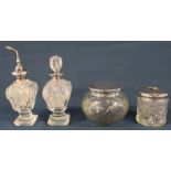 4 cut glass dressing table pots with silver mounts / lids including atomiser with collar marked