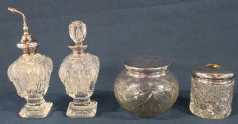 4 cut glass dressing table pots with silver mounts / lids including atomiser with collar marked