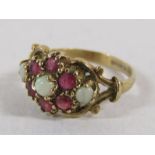 9ct garnet and opal flower ring - ring size M - total weight 2.9g