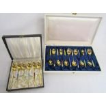 Cased set of 12 and a cased set of 6 enamelled spoons - Denmark sterling silver and gilded