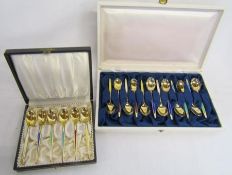 Cased set of 12 and a cased set of 6 enamelled spoons - Denmark sterling silver and gilded